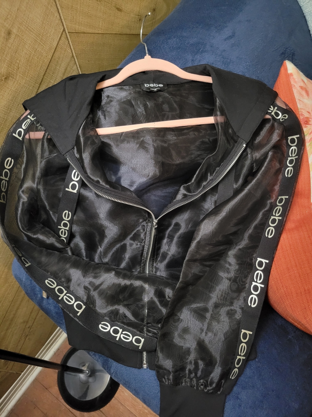 bebe Black Satin Hooded Jacket With Logo-Trim
